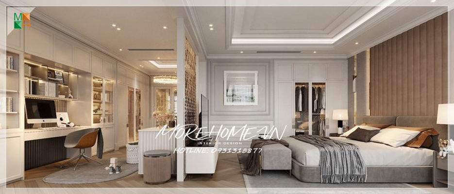 Nếu bức tường là mấu chốt để phân chia, ngăn cách các gian phòng thì trong thiết kế hiện đại phòng ngủ kết hợp với phòng làm việc sẽ có trong các căn biệt thự, chung cư và nhà phố sẽ không còn sự tồn tại của bức tường. Thay vào đó là vách ngăn cnc mạ vàng tạo nên nét thanh thoát, sự thoáng đãng cho không gian căn phòng.